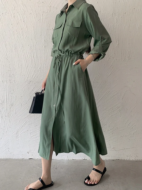 Casual A-Line Long Sleeves Bandage Solid Color Lapel Collar Shirt Midi Dresses