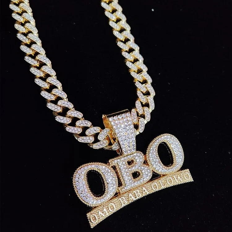 Iced Out Bling Letter OBO Pendant Necklace Hip Hop Rhinestone Jewelry
