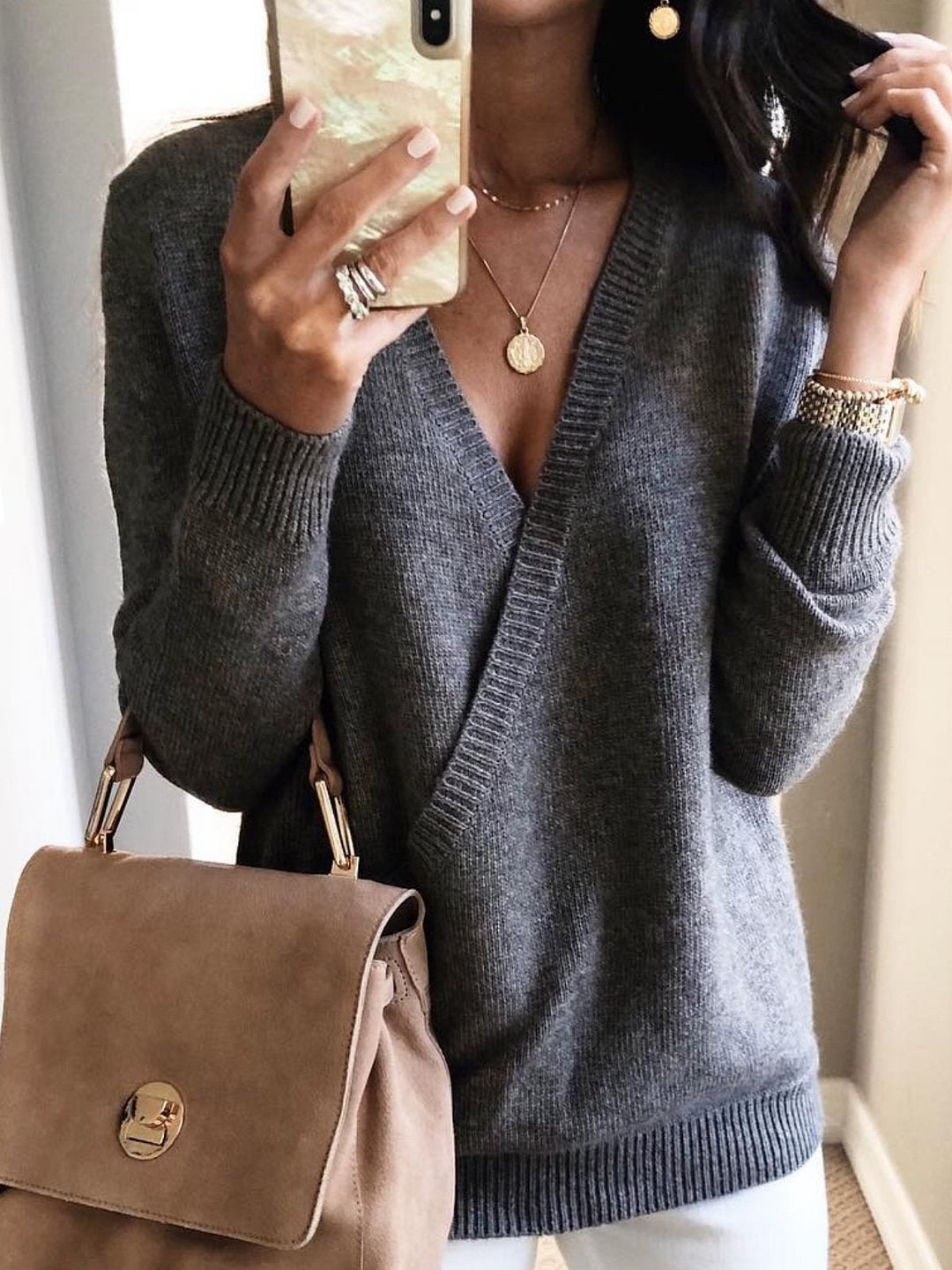 V Neck Solid Casual Sweater