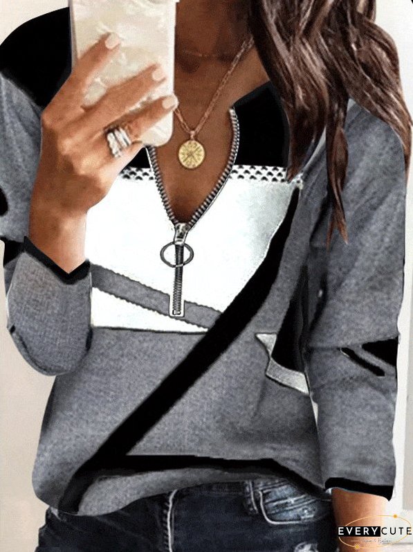 V-Neck Long Sleeve T-Shirt with Color Blocking