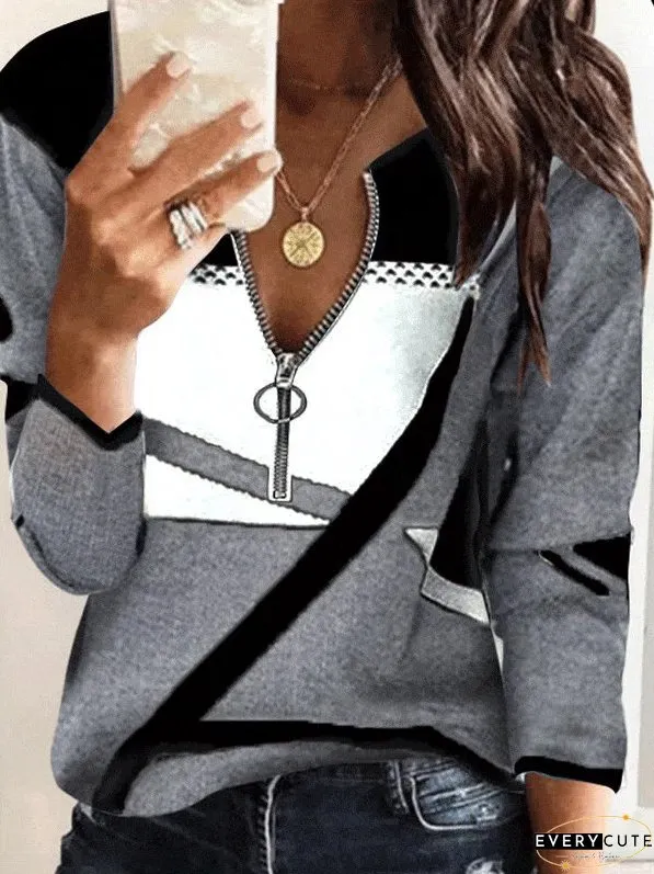 V-Neck Long Sleeve T-Shirt with Color Blocking