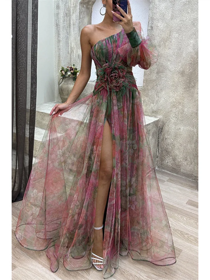 Style & Comfort for Mature Women Women Floral One Shoulder Sexy Long-sleeved dress Maxi Dress