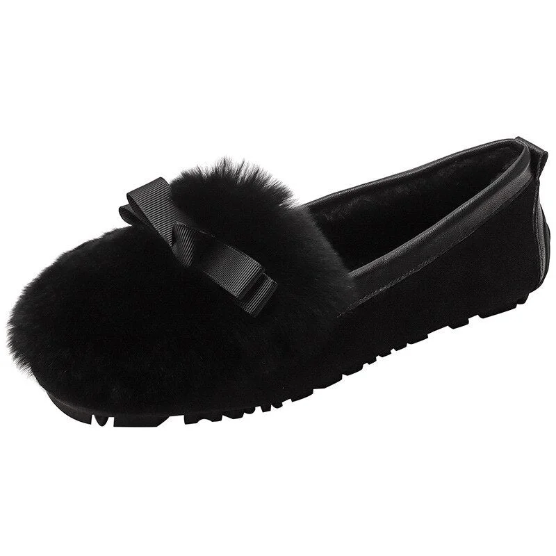 silk bow decoration fur winter shoes for women cozy flock plush padded moccasins female bowtie rabbit fur loafers big size 43