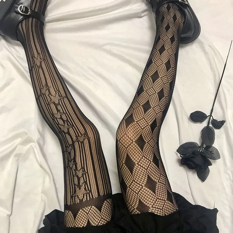 Gothic Black/White Hollow Out Fishnet Stocking BE473