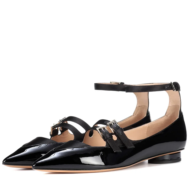 Black Patent Leather Mary Jane Shoes Three Strap Pointy Toe Flats |FSJ Shoes