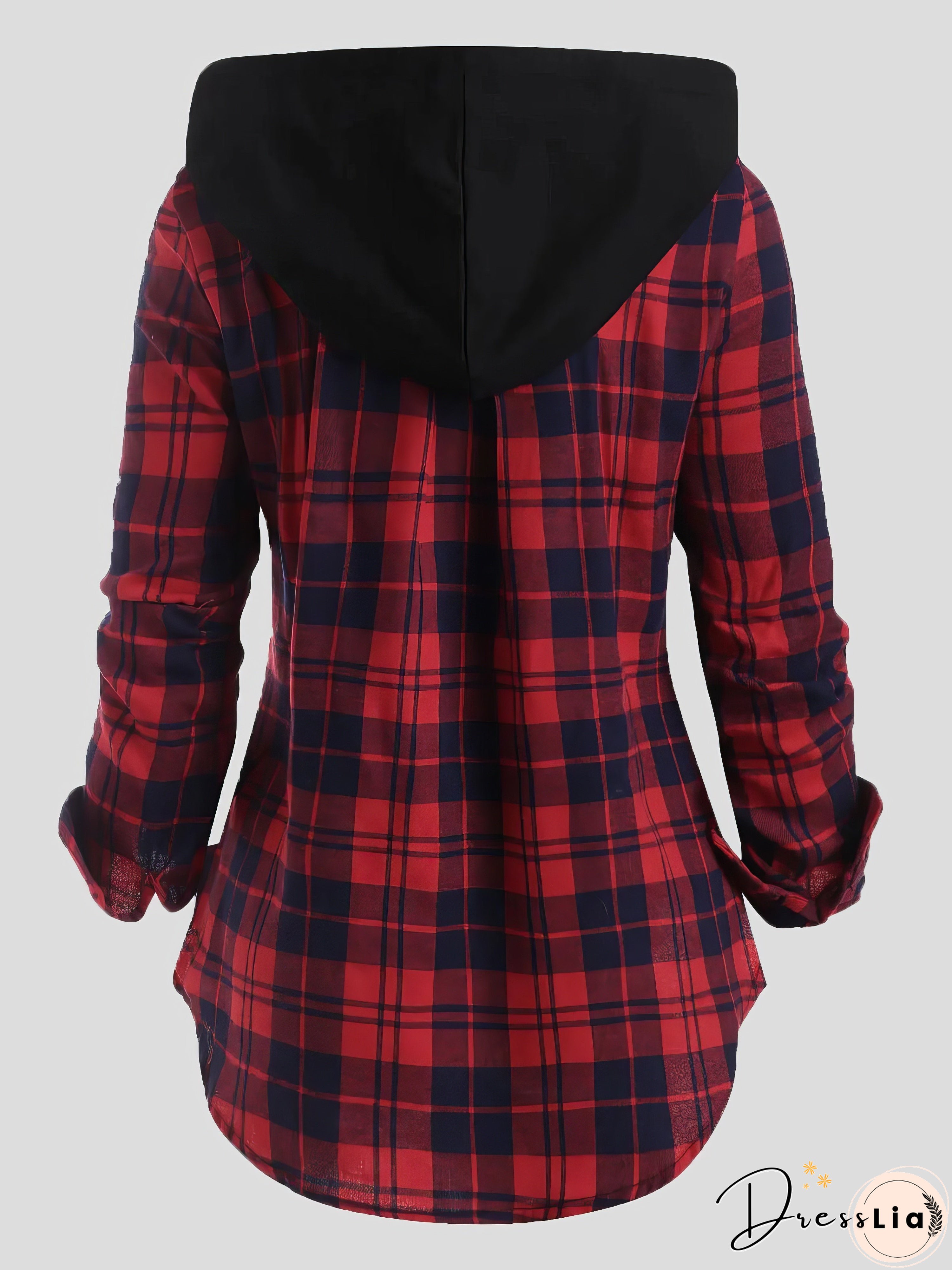 Plaid Pocket Zipper Long Sleeve Hooded Coats