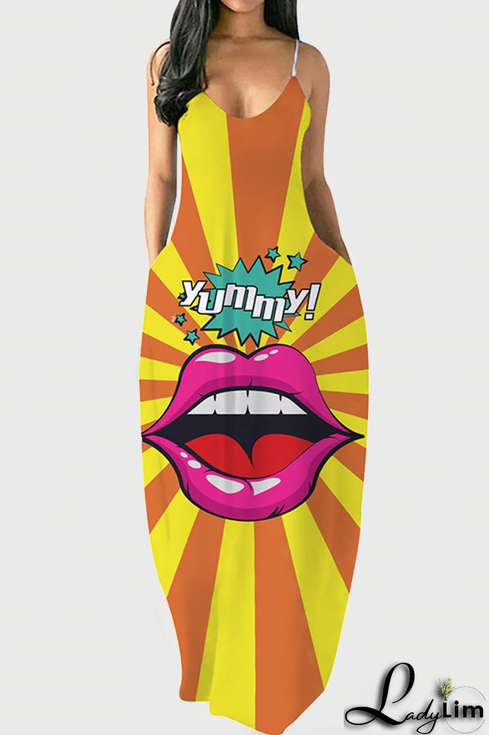 White Red Fashion Sexy Print Backless V Neck Sling Dress