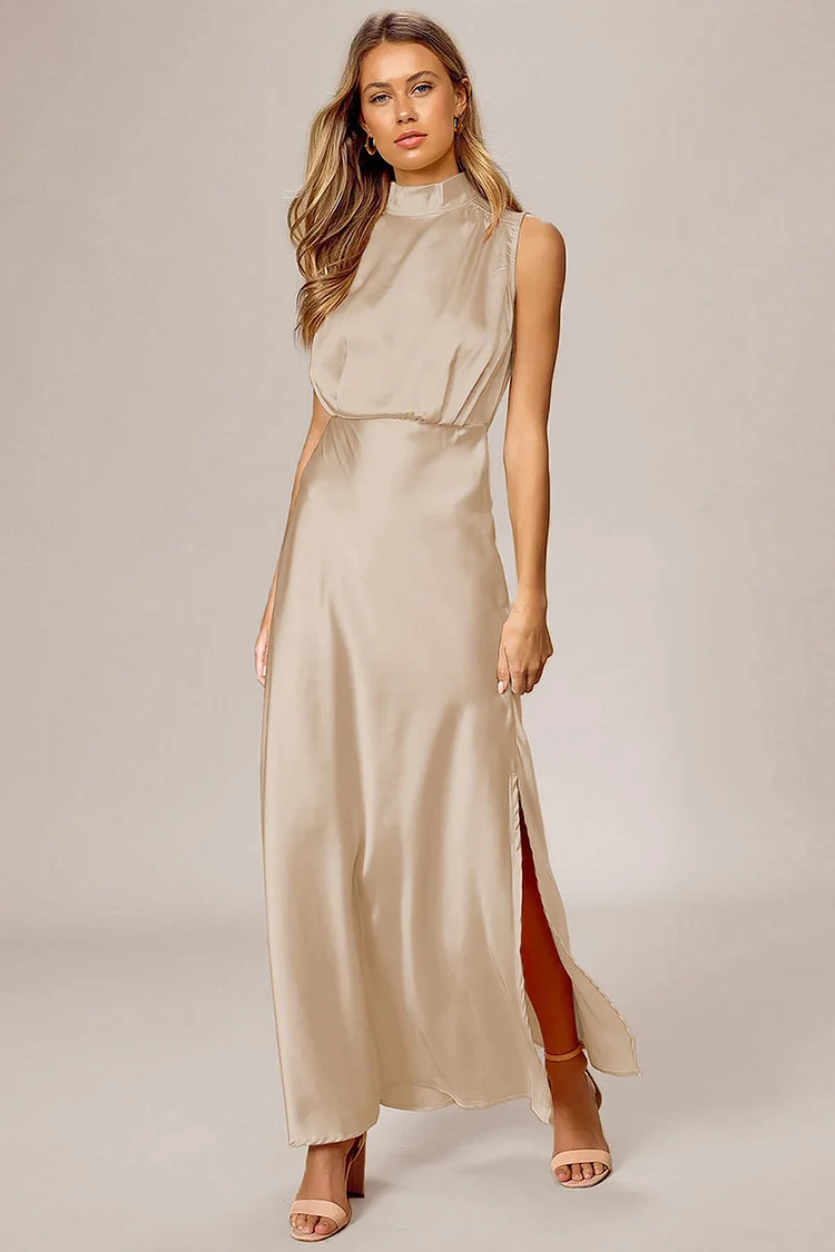 High Neck Sleeveless Slit Stain Elegant Evening Gowns Maxi Dress