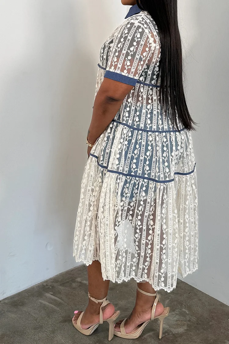Plus Size Party Casual Lace White Shirt Collar Short Sleeve Contrast Button  Tencel Denim Midi Dresses [Pre-Order] - Xpluswear.com
