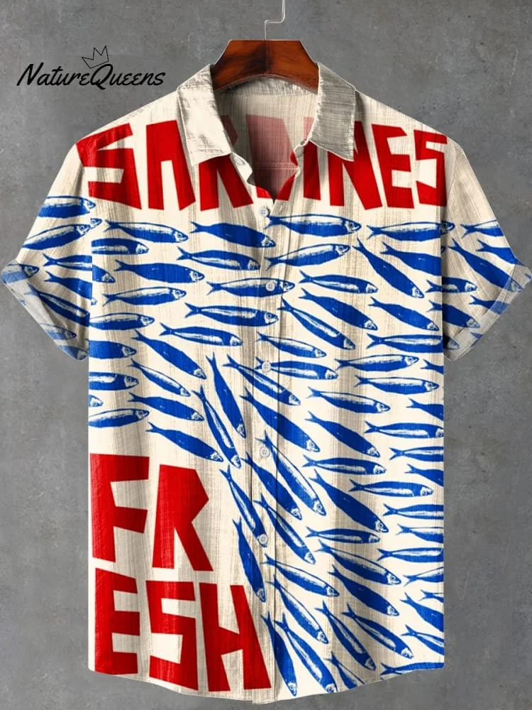 Vintage Fish Sardines Art Print Casual 100% Cotton Shirt