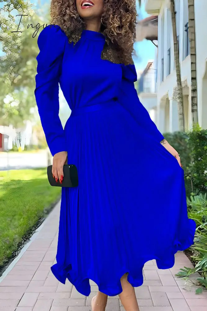 Ingvn - Elegant Solid Patchwork Fold Half A Turtleneck Long Sleeve Two Pieces(5 Colors) Blue / S