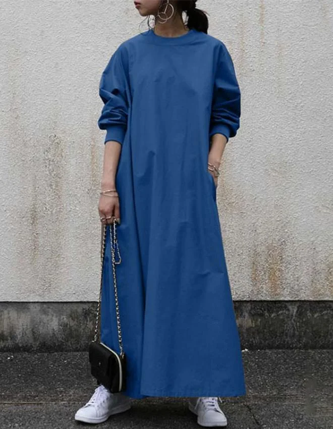 Loose large size round neck thread long sleeve cotton-linen dress
