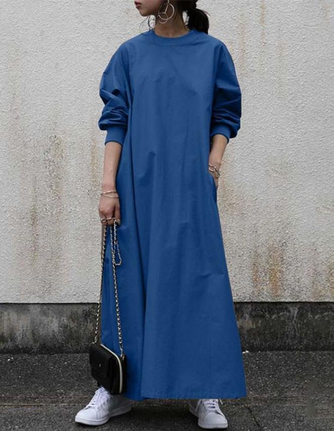 Loose large size round neck thread long sleeve cotton-linen dress