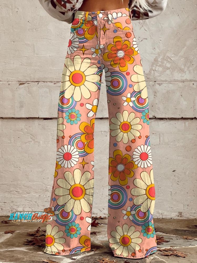 Women’s Vintage Style Flowers Print Casual Wide Leg Pants Multicolor / Xs