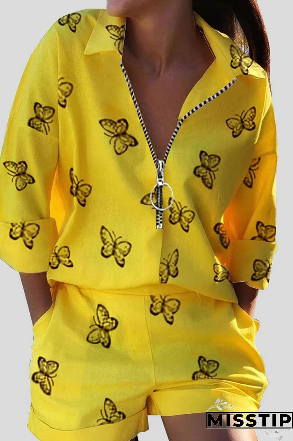 Black Casual Print Patchwork Zipper Turndown Collar Long Sleeve Two Pieces