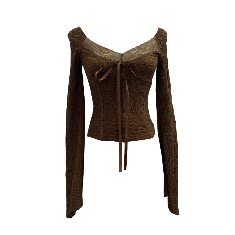 Uveng Real Shooting Merard Wind Strapted Bow Splicing Lace Pure Desire Blouse Folding Body Short Blouse 6015