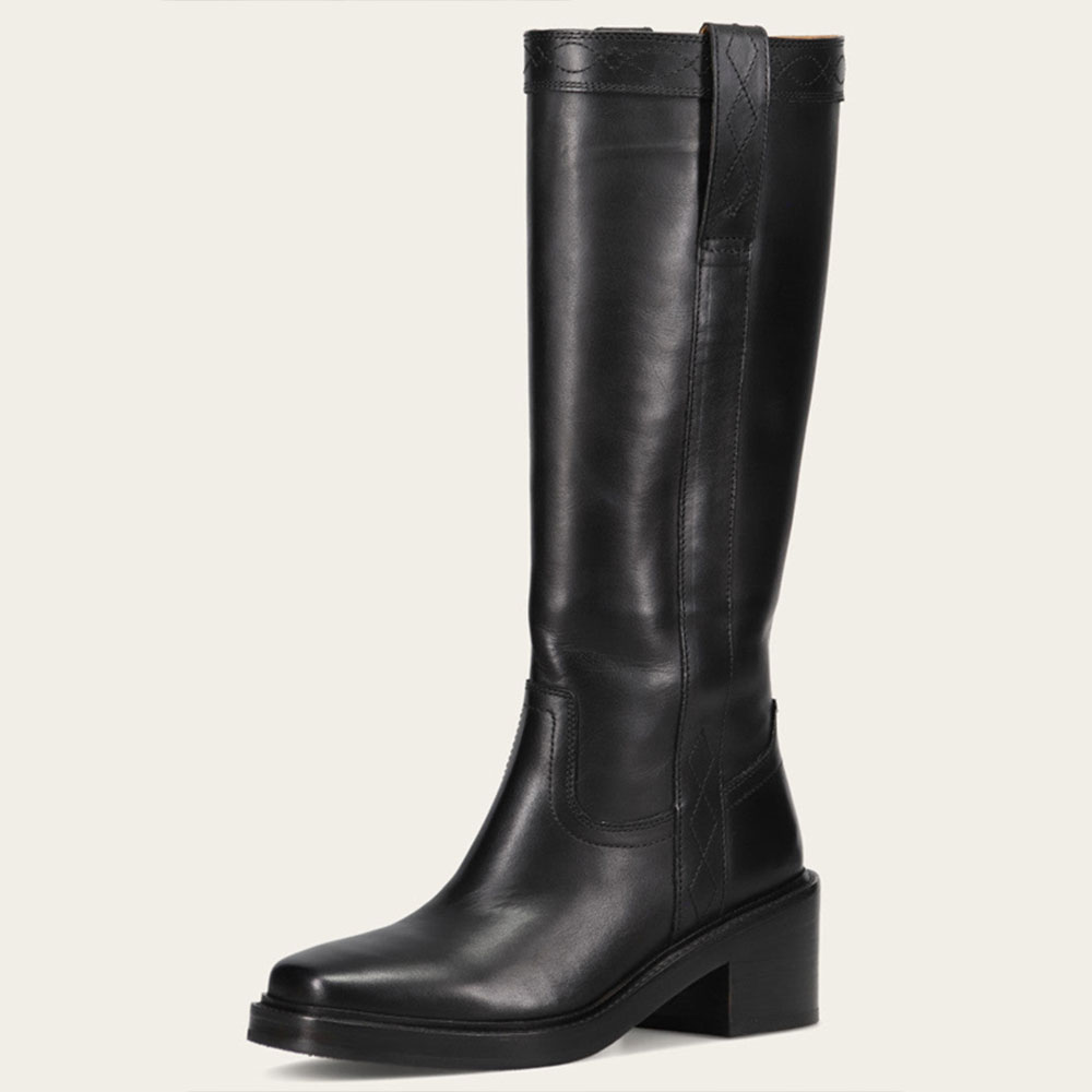 Black Pull-On Square Toe Block Heel Knee High Boots for Women Nicepairs