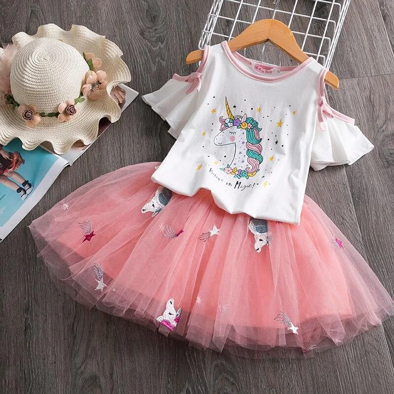 2021 New Summer Girls Unicorn Clothes Sets 2PCS Short Sleeve Cartoon Print T Shirts + Fluffy Tutu Skirts Unicornio Girl Clothing