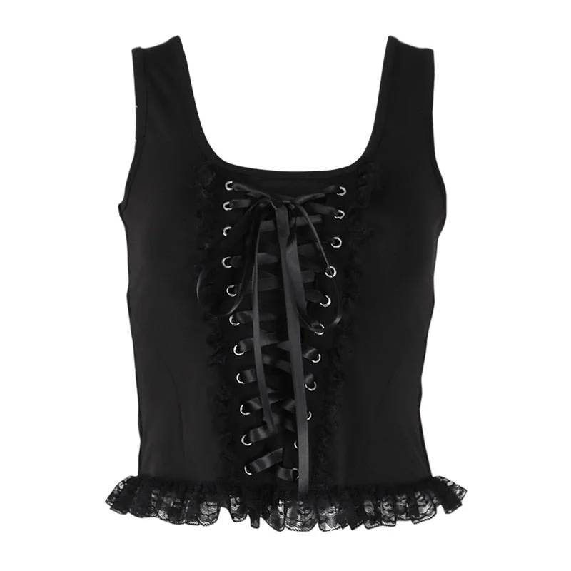 InsGoth Black Bandage Tank Tops Gothic Grunge Vintage Lace Women Tank Top Streetwear Sleeveless Sext Mesh Ruch Ruffle Tops