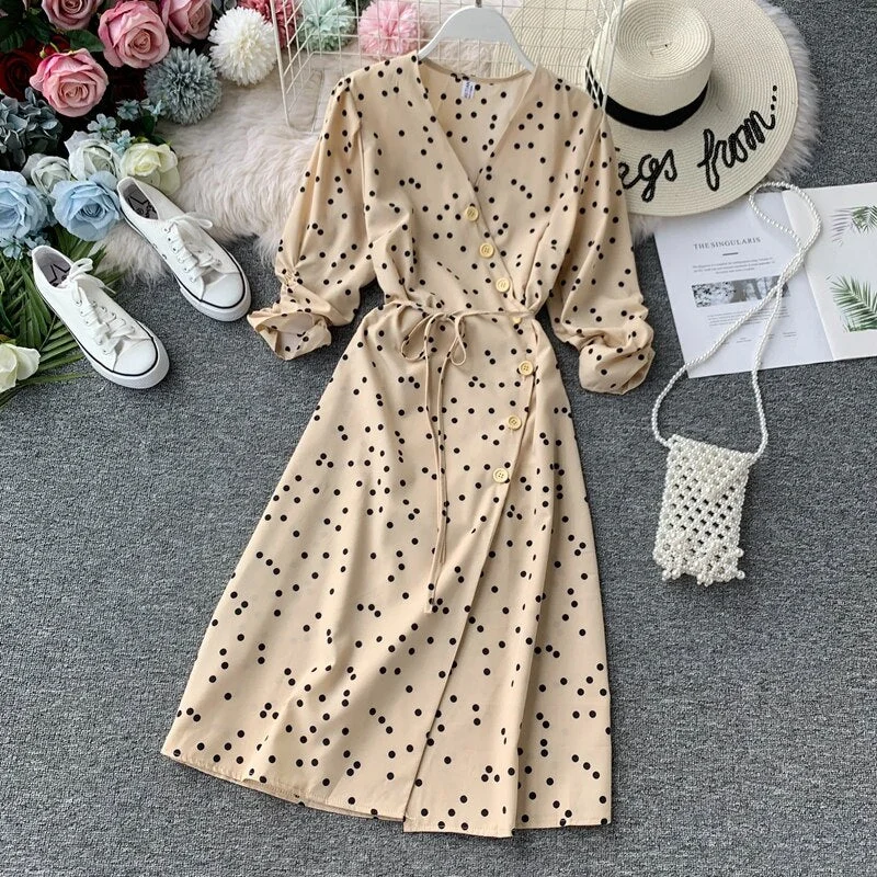 Croysier Dresses For Women 2021 Elegant Vintage Polka Dot Dress V Neck Ruched Half Sleeve Button Summer Casual Midi Wrap Dress