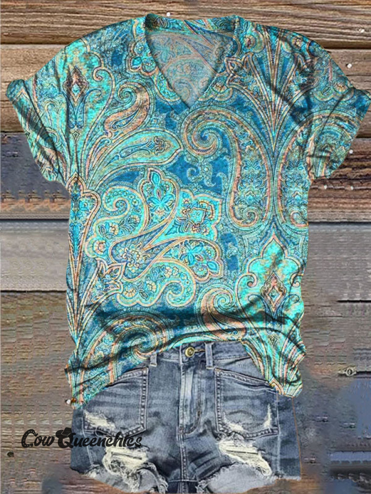 Women’s Vintage Print V-Neck Casual T-Shirt Multicolor / S