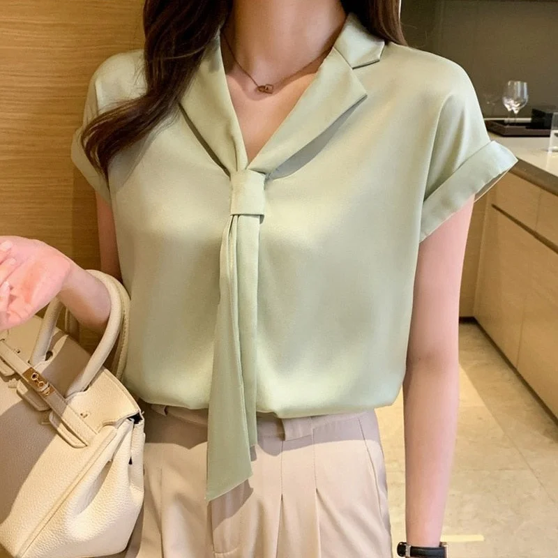 2021 Summer Short Sleeve Chiffon Shirt Women V-neck Tie Solid Loose White Blouses And Shirts Korean Plus Size Women Tops 13926