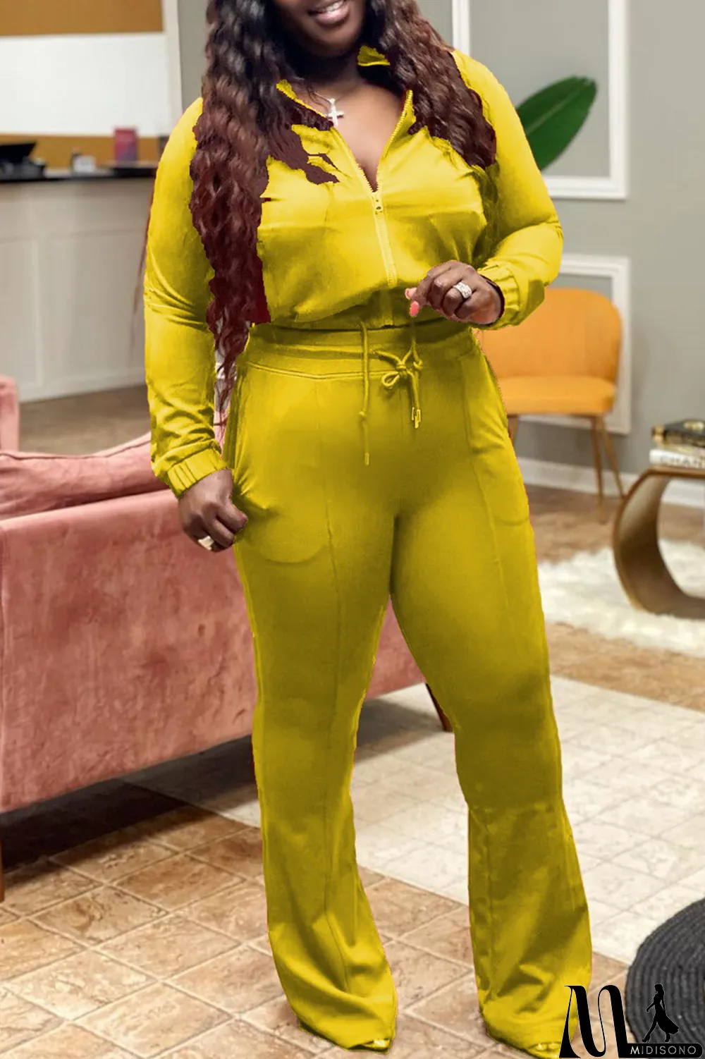 MidiSono - Yellow Fashion Casual Solid Basic Zipper Collar Plus Size Two Pieces