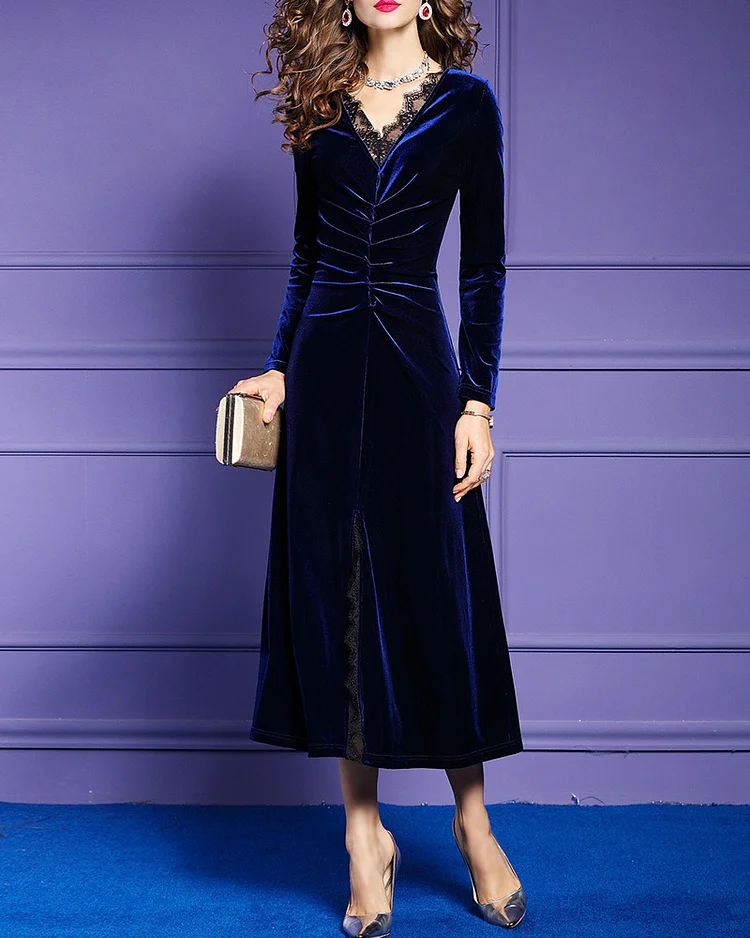 Elegant Lace Velvet Slit Dress