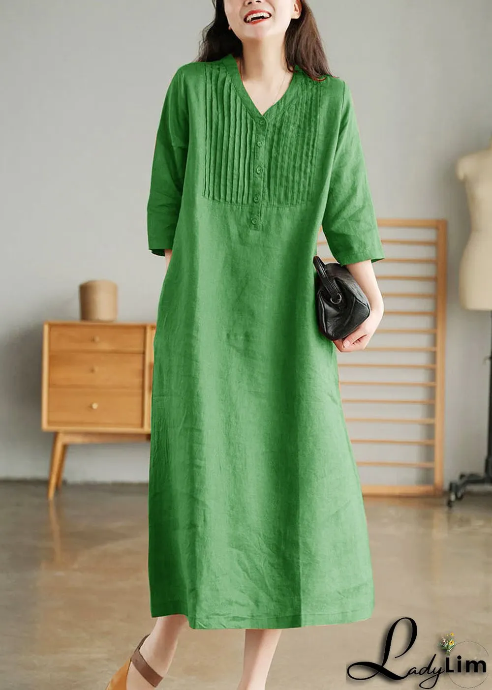 Grey Print6 Loose Linen Long Dresses Button Solid Half Sleeve
