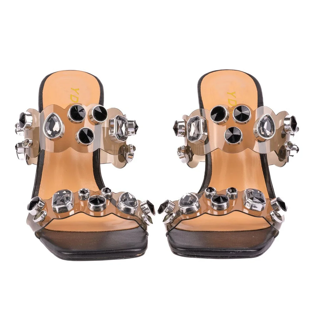 Black Vegan Leather Square Toe Rhinestone Embellished Decorative Heels