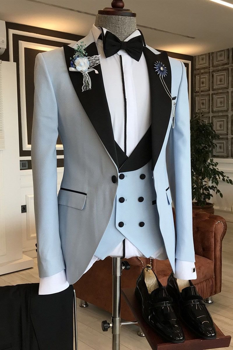 Gentle Sky Blue Black Peaked Lapel Formal Party Suit For Guys With Three Pieces | Ballbellas Ballbellas