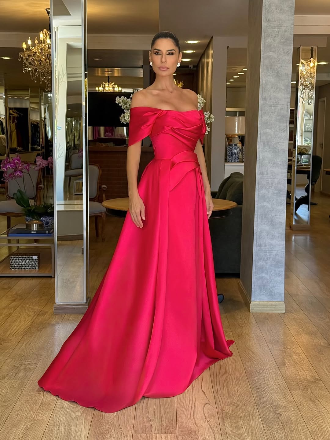 Lussooy PleatedOff-The-Shoulder A-Line Satin Prom Dress