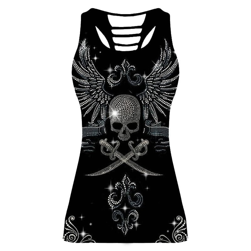 Women Skeleton Sport Sleeveless T Shirt Tank Tops Flag Skull Cross 3D Print Jerseys Back Hollow Out Vest for Club Fitness Sports