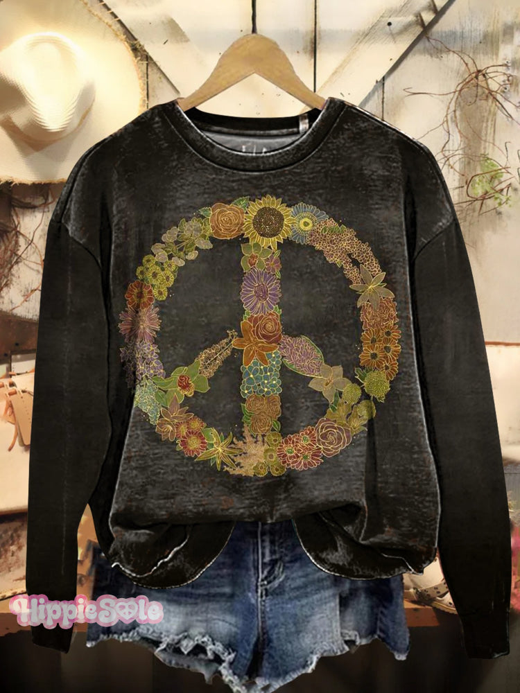 Retro Hippie Peace Sign Flowers Love And Print Casual Sweatshirt Multicolor / S