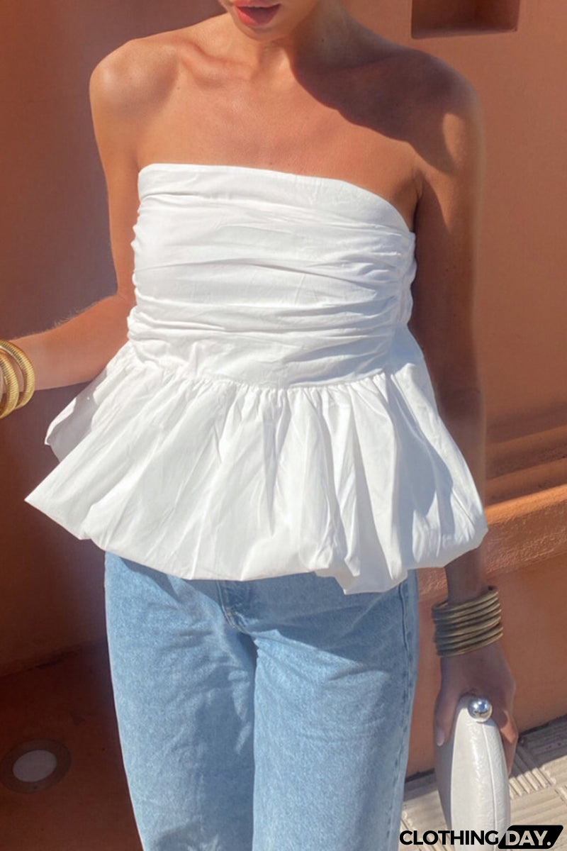 Sexy Daily Solid Color Ruffle Strapless Tops