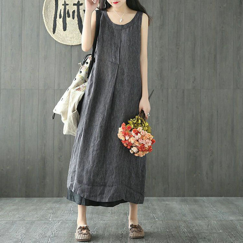 Summer Women Maxi Dress Loose Casual Striped Clothes For Women Sleeveless O-neck Plus Size Vintage linen Ladies Long Dresses