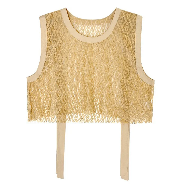 Fashion Solid Color Crewneck Perspective Hollow Out Lace Splicing Ribbon Crop Tank