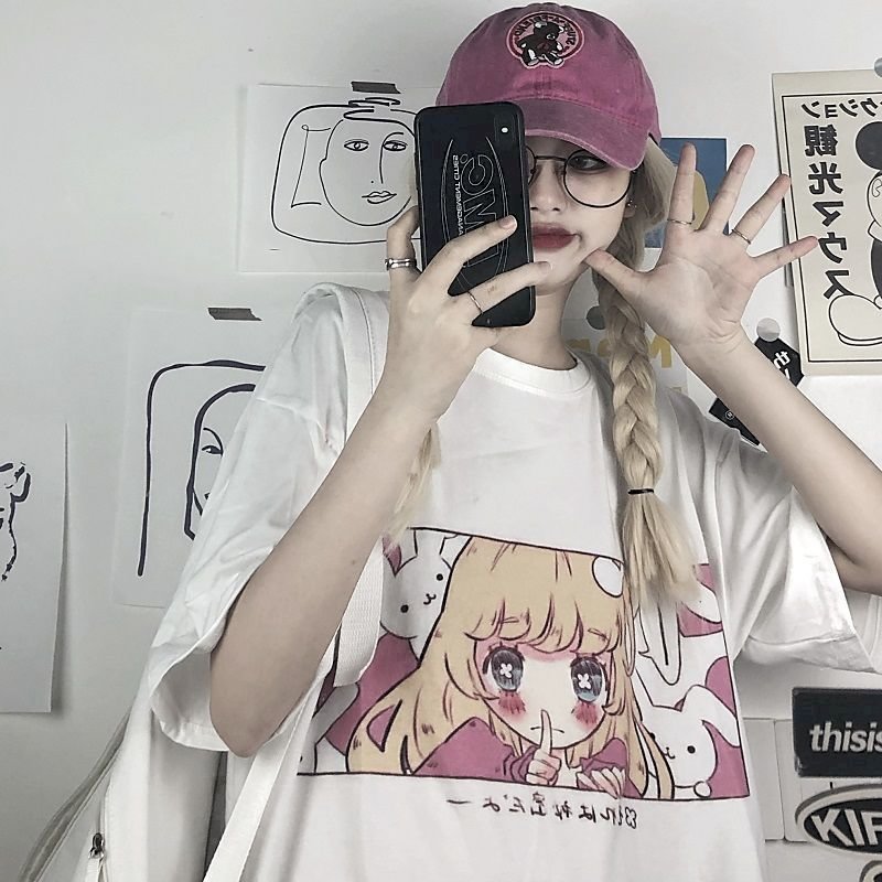 anime girl image print women tops tshirts Korean style t-shirts summer sweet fashion t shirts  preppy couple clothes o-neck tee