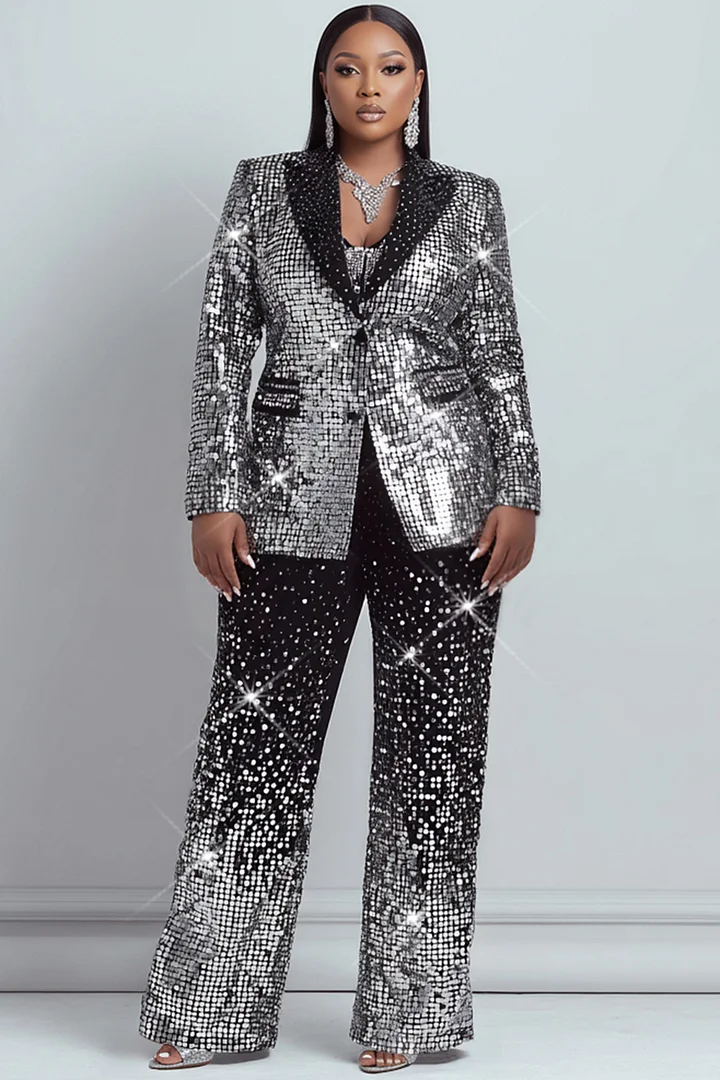 Xpluswear Design Plus Size Formal Silver Graphic Lapel Collar Long Sleeve Pocket Two Piece Pant Suits 2024 - Xpluswear