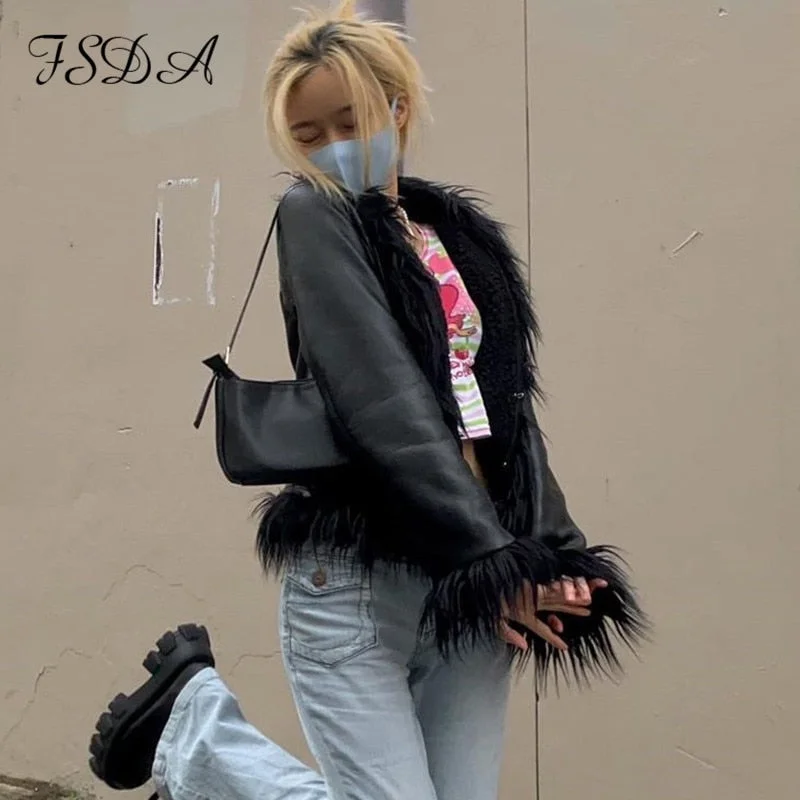FSDA 2021 Faux PU Leather Biker Jacket Women Long Sleeve Fur Black Vintage Autumn Winter Casual Fashion Coat