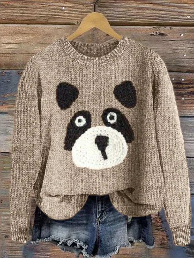 Funny Raccoon Face Crochet Cozy Knit Sweater