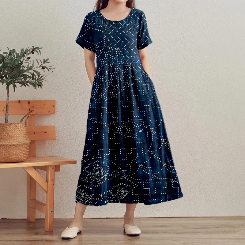 Japanese Traditional Sashiko Art Linen Maxi Dress