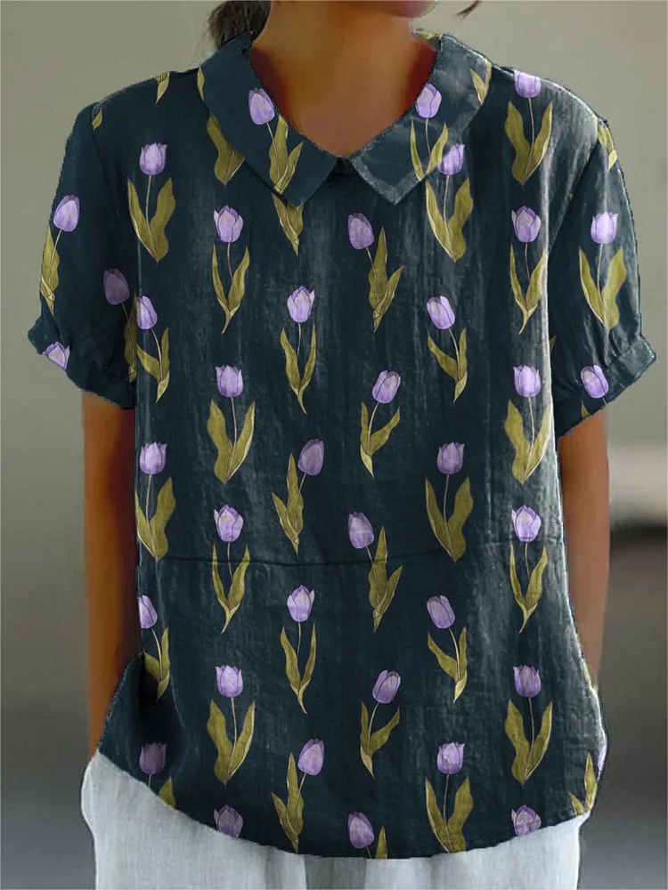 Women's Flower Print Casual Cotton And Linen Shirt