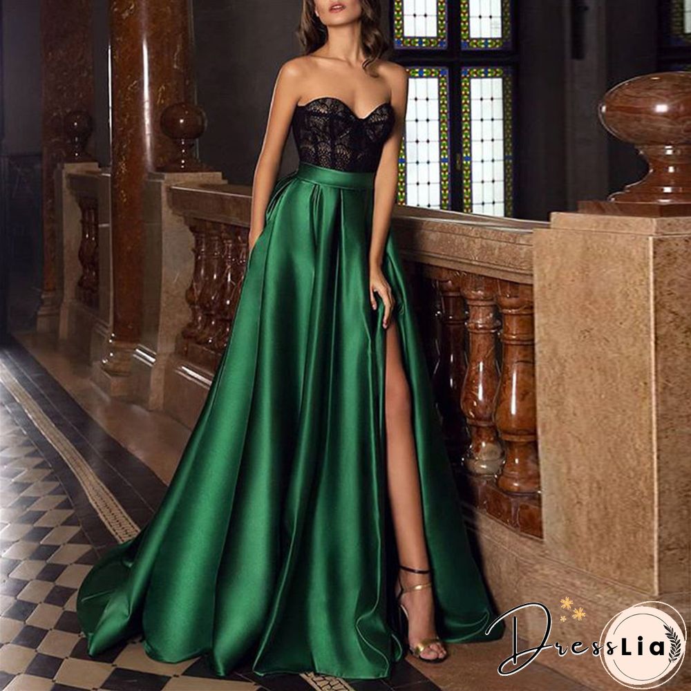 Lace Solid Color Split Evening Dress