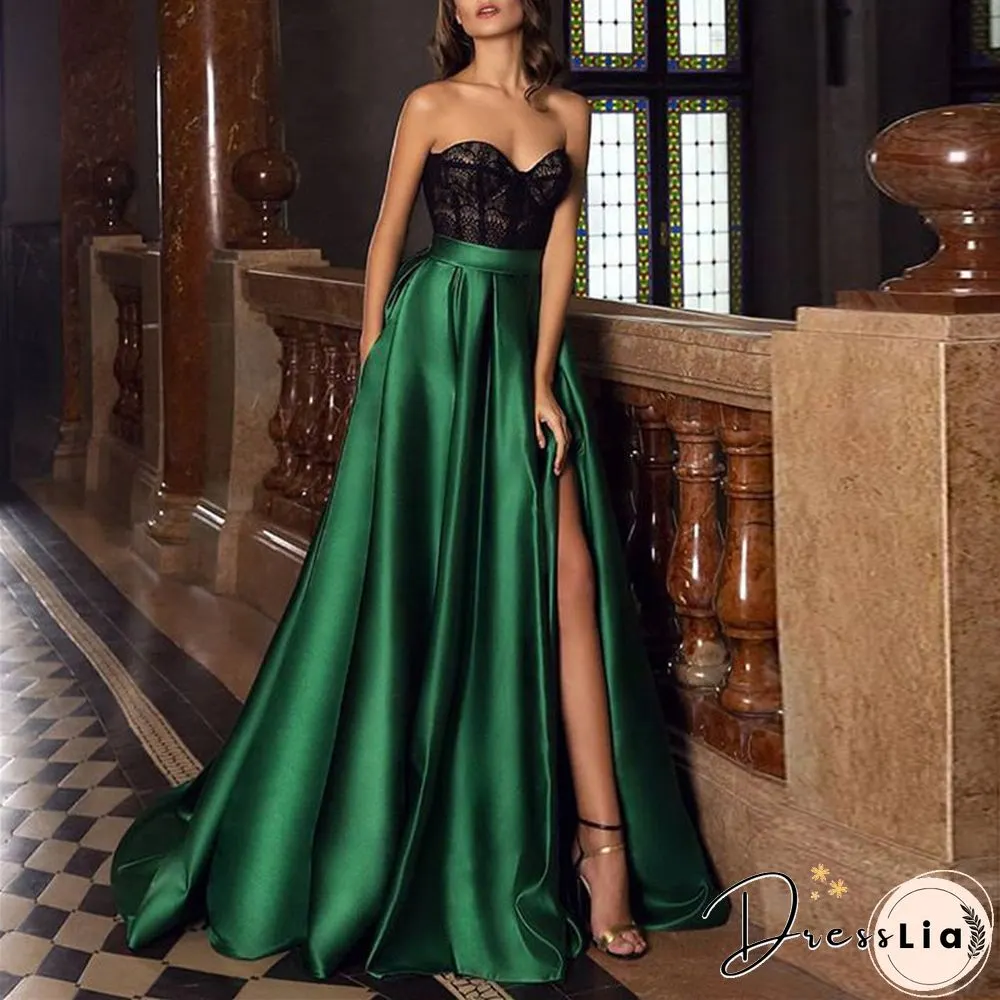Lace Solid Color Split Evening Dress