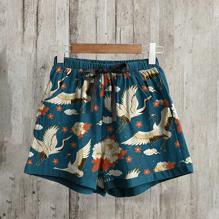 Women's Japanese Art Crane Loose Casual Short Pants