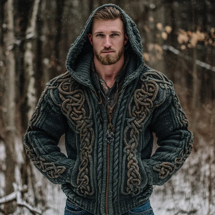 Men's Vintage Viking Celtic Knot Art Chunky Knit Hooded Zip-up Sweater
