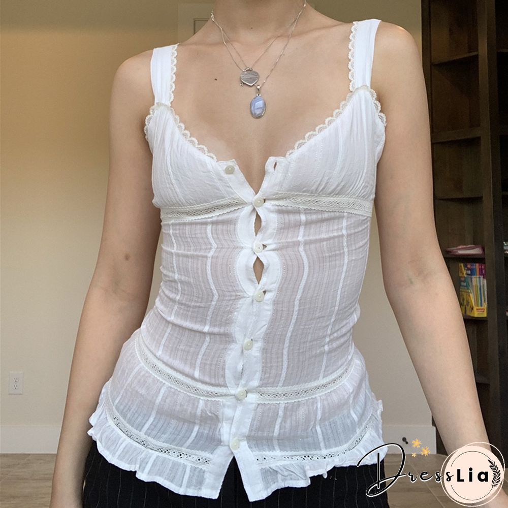 Aesthetic Tank Tops Summer Women Sleeveless Lace Ruffle Hem U-neck Vest White Camisole Fairycore Tshirt