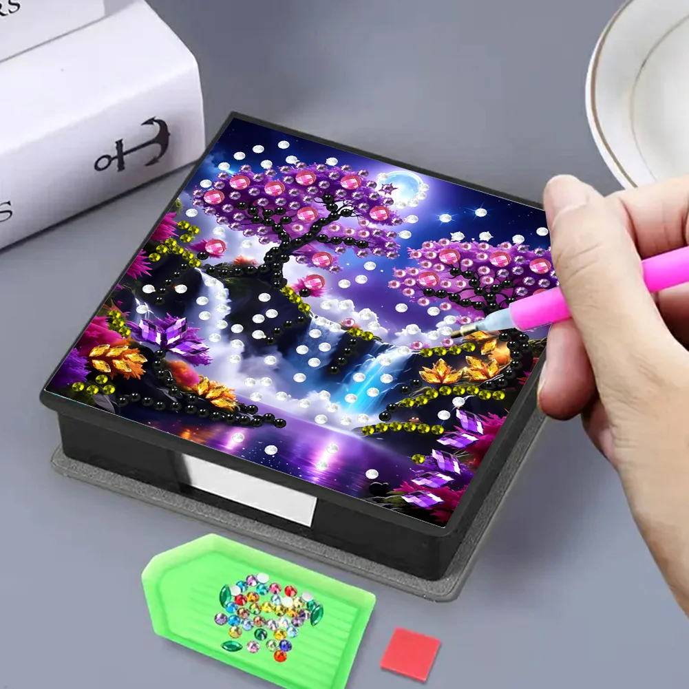 PU Tree Diamond Painting Notecard Box with Papers for DIY Art Craft