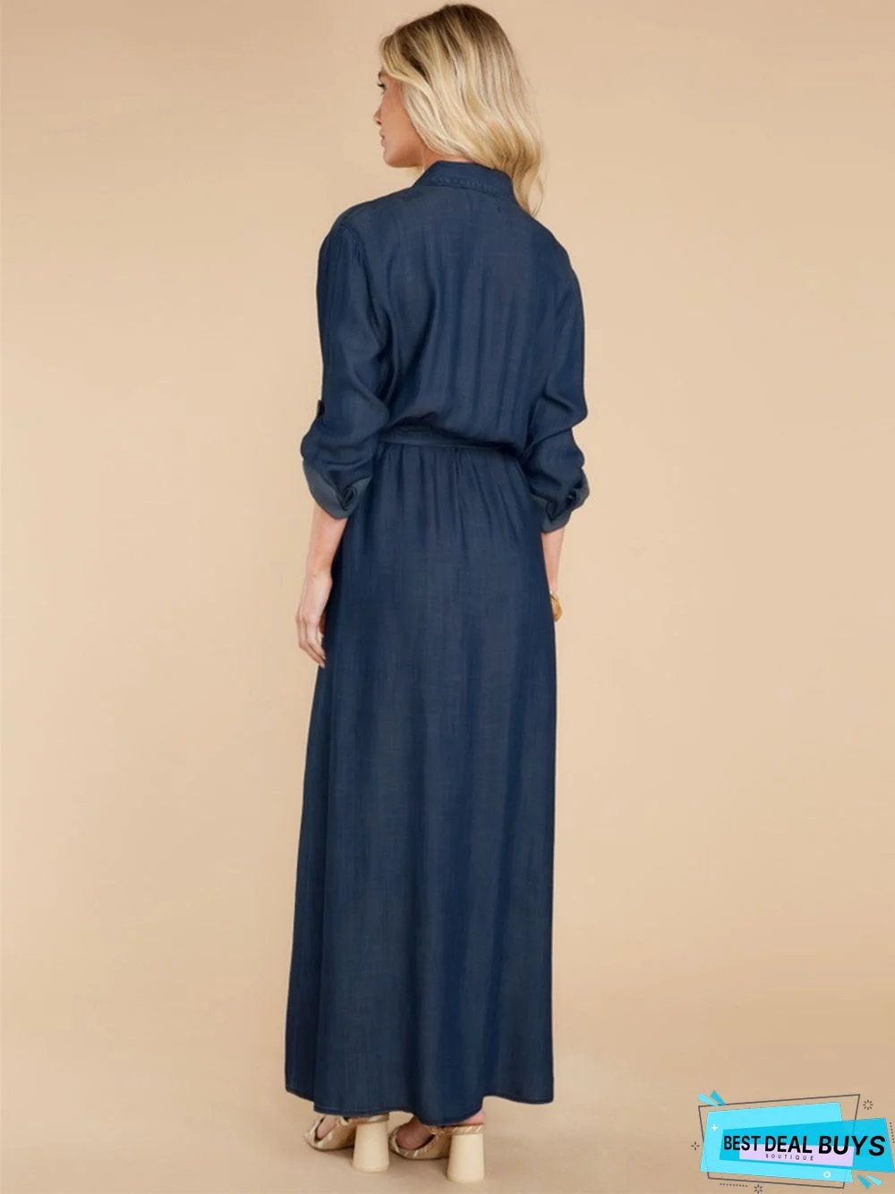 Medium Length Sexy Long Sleeved Slit Tencel Shirt Denim Dress